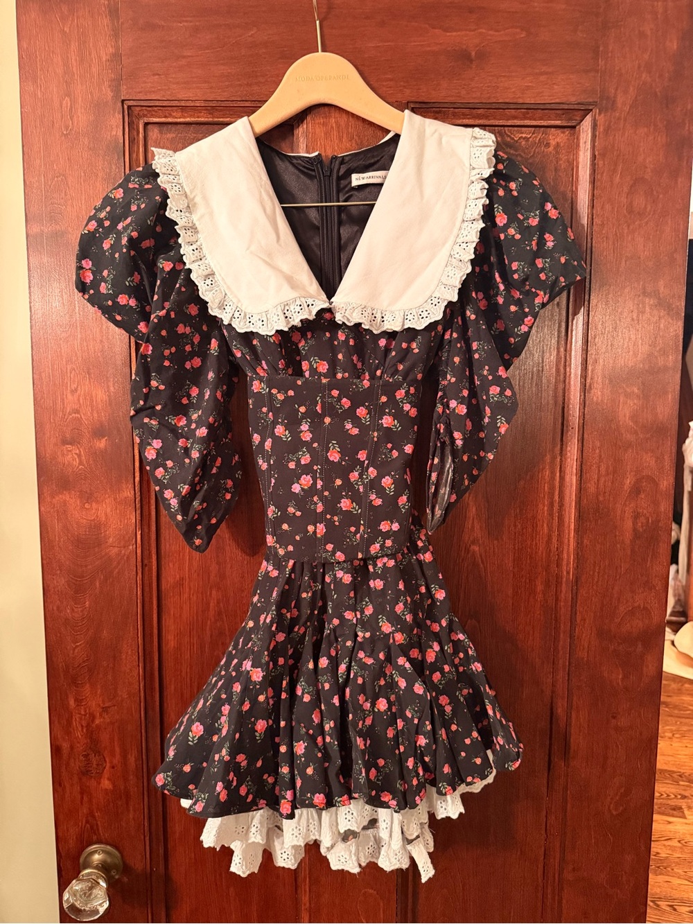 New Arrivals Black Floral Dress with White Lace Collar